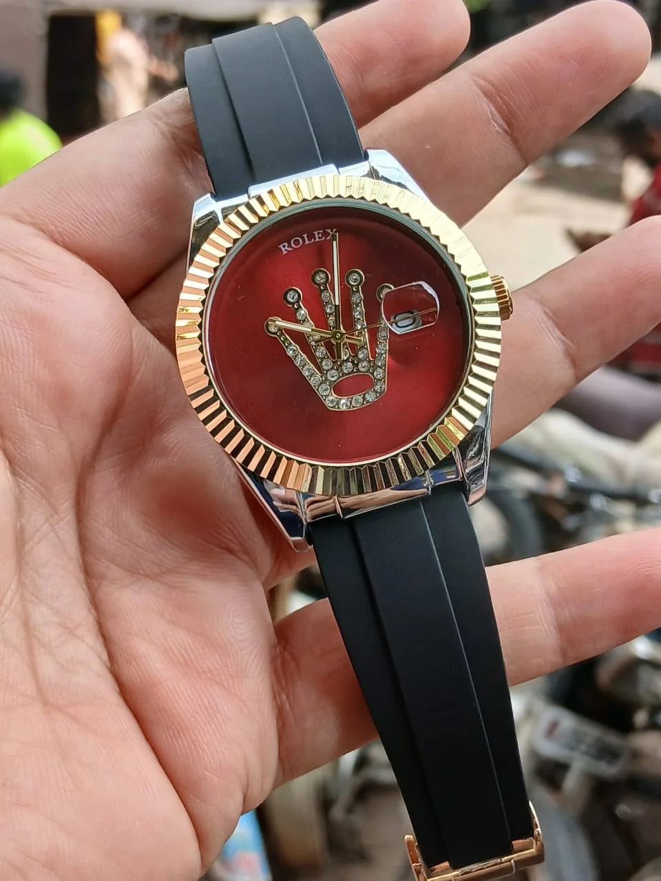 Rolex Inspired Red Dial Watch with Gold Bezel & Black Rubber Strap
