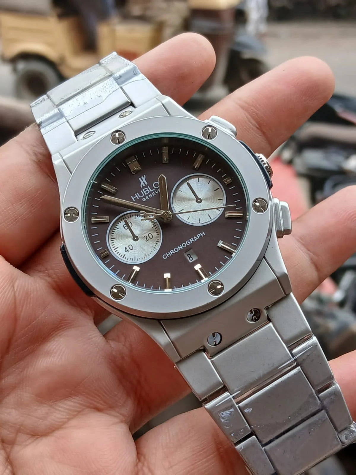 Hublot Geneve Inspired Silver Chronograph Watch with Dark Dial