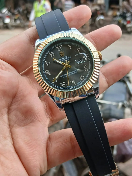 Rolex Datejust 41 Two-Tone Black Dial with Diamond Markers & Rubber Strap